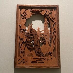 Vintage Wood Engraved & Cutout Walnut Asian Peacock Wall Hanging